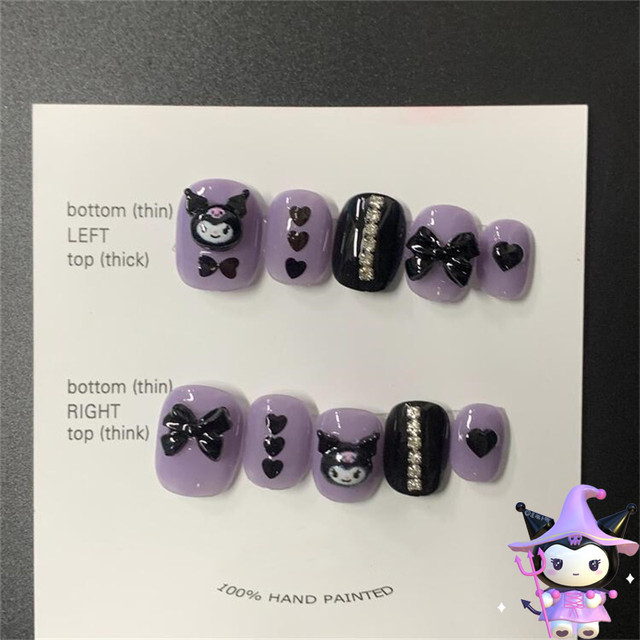 Sanrio Kuromi-Seamless removível unhas postiças, Black Heart